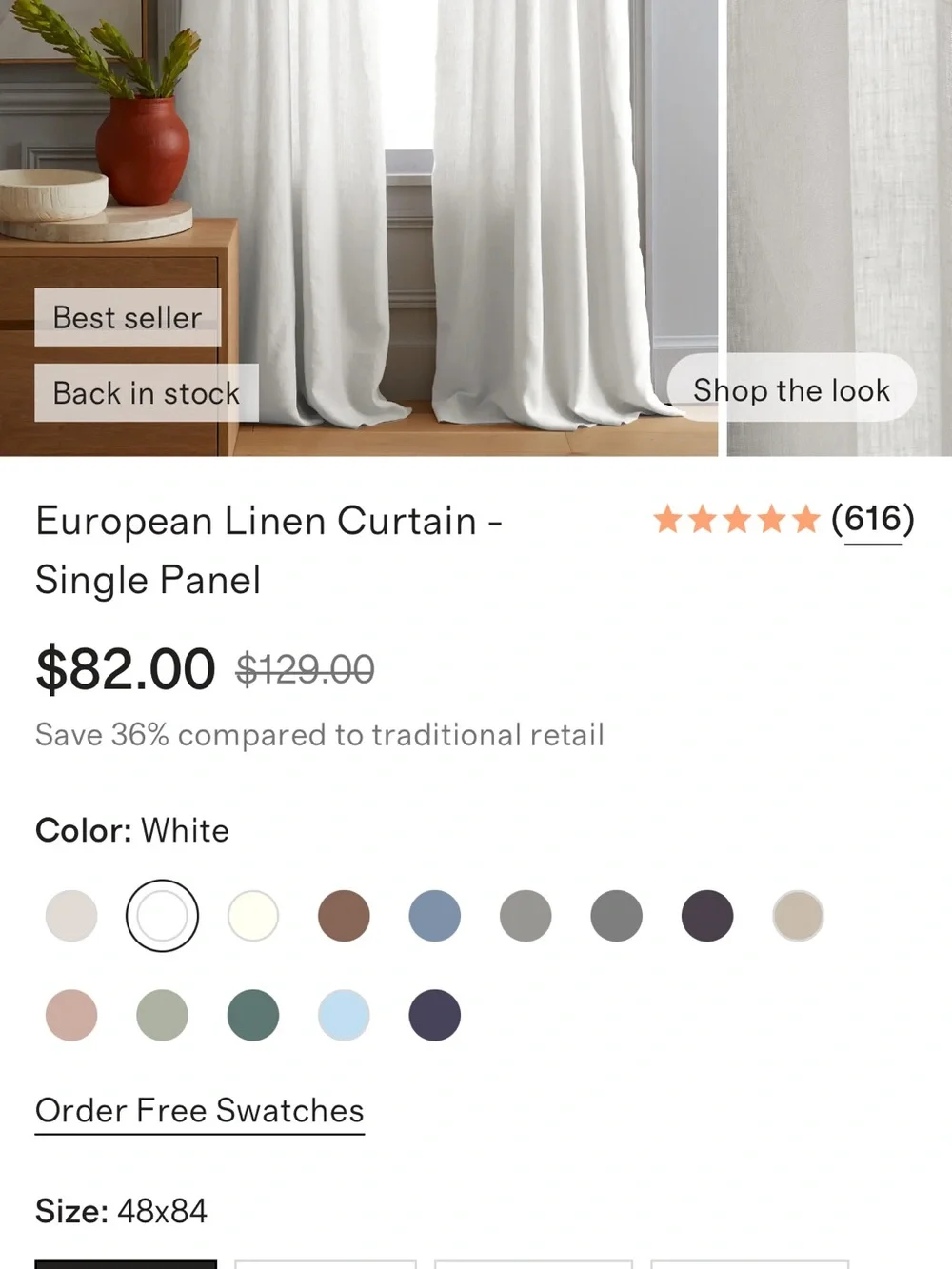 NWOT Quince White Linen Curtain 48x84 Single Panel - Retail $82